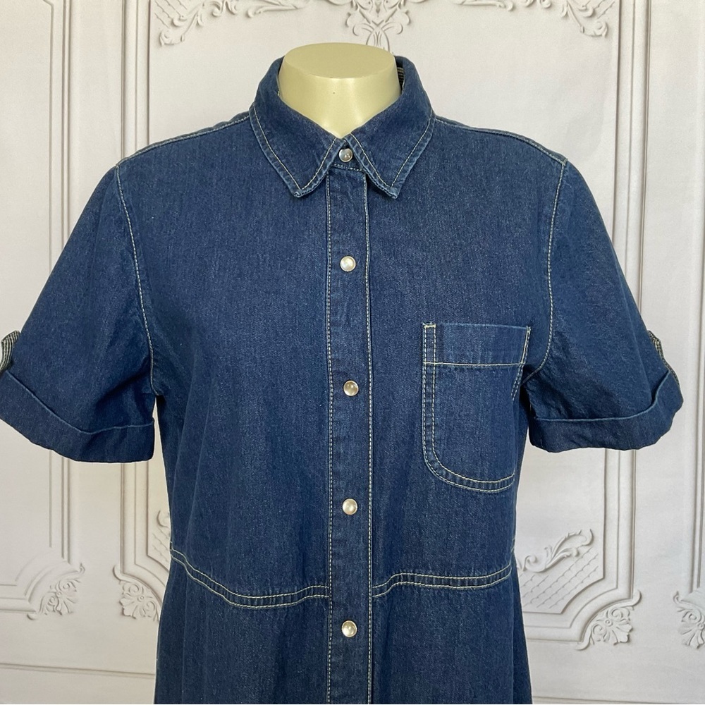 Vintage White Stag 90s Full Length Denim Dress Pearl Snaps Collared Med 8/10 - Picture 2 of 6